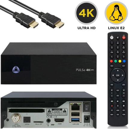 AB PULSe 4K Mini SE UHD satelliitvastuvõtja HDMI-kaabliga, mitmikkäivituse funktsioon E2 Linux OS-iga, DVB-S2X satelliittuuner, Ultra HD 4K eraldusvõime HDR10 toega, CI, CA, MicroSD pesa, LAN