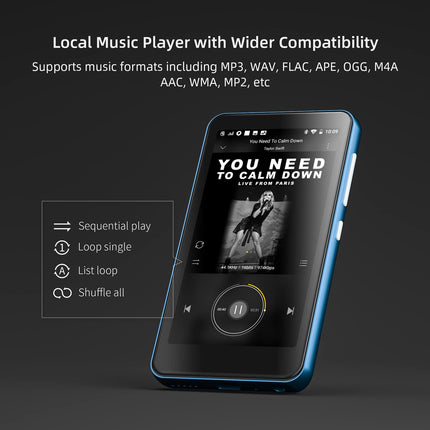 MP3-mängija Bluetoothi ​​ja WiFi-ga, 4-tolline puutetundliku ekraaniga MP4-mängija Spotifyga, Androidi voogedastusmuusikamängija Pandoraga, kaasaskantav HiFi-heli digitaalne audiopleier kõlariga, sinine