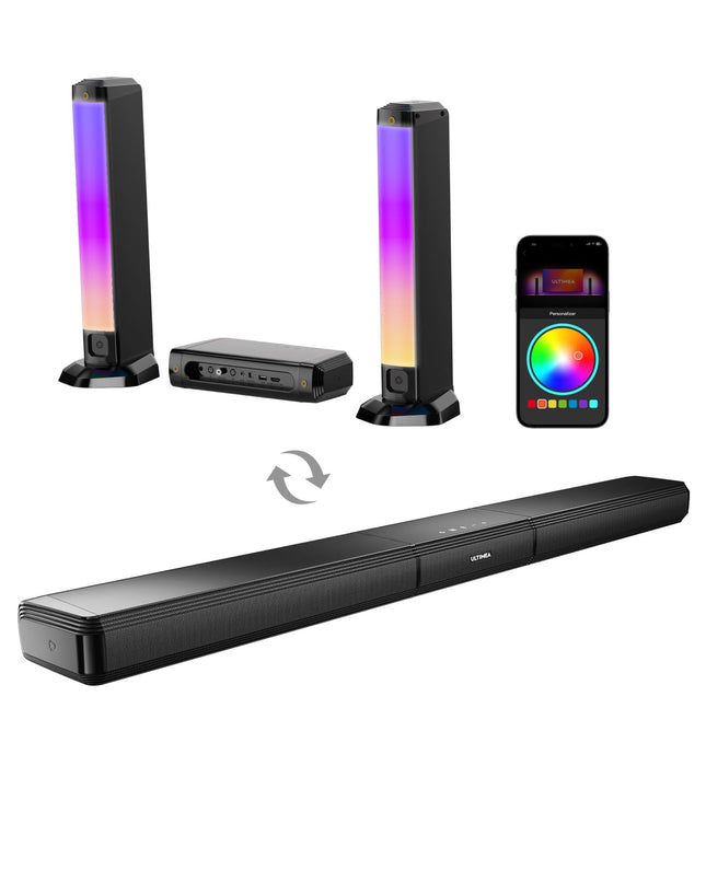ULTIMEA 5.0-kanaliline heliriba teleritele, RGB-valgustusega heliriba kodukinole, jagatav arvuti heliriba rakenduse juhtimisega, reguleeritava ekvalaiseriga helisüsteem, Bluetooth 5.3, HDMI-ARC/Opt/AUX, Apollo S70