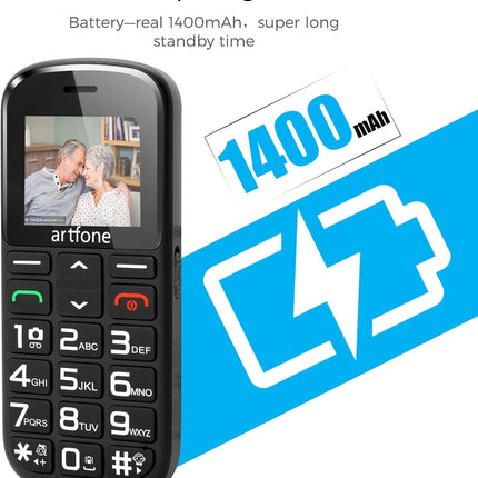 artfone 182 seenioridele mõeldud mobiiltelefon suurte nuppudega | Lepinguta seenioridele mõeldud mobiiltelefon | GSM kahe SIM-kaardiga mobiiltelefon seenioridele hädaabikõne nupuga | 1,77-tolline seenioridele mõeldud mobiiltelefon | 1400 mAh