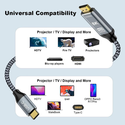 Angusplay USB C - HDMI 2.1 kaabel, 8K@60Hz 4K@240Hz C-tüüpi - HDMI kiire kaabel, HDR HDCP 2.3 Thunderbolt 4/3 - HDMI kaabel 2.1, ühildub iPhone 15 Pro, MacBook Pro/Air UHD teleri ja monitoriga, 3M