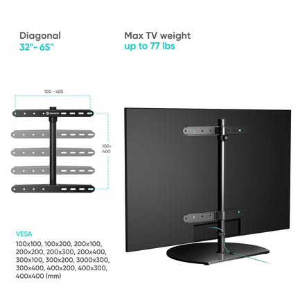 ONKRON telerialus 32–65-tollistele ekraanidele kuni 35 kg, universaalne telerialus, reguleeritava kõrgusega, pööratav max. VESA 400x400 / karastatud klaasist telerialus, must PT2-B