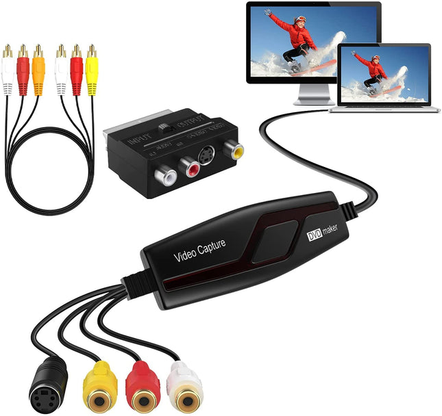 DIGITNOW! Video Grabber teisendab Hi8 VHS-i digitaalsele DVD-le Windows 10 / Maci jaoks, videokaart Scart / AV-adapteriga, ühe puutega videosalvesti - redigeeri, salvesta ja kirjuta DVD-le