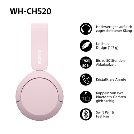 Sony WH-CH520 juhtmevabad Bluetooth-kõrvaklapid, kõrge helikvaliteet, kerge disain, kuni 50 tundi aku tööiga, kiire laadimine, ekvalaiser, selge kõnekvaliteet, iOS ja Android - roosa