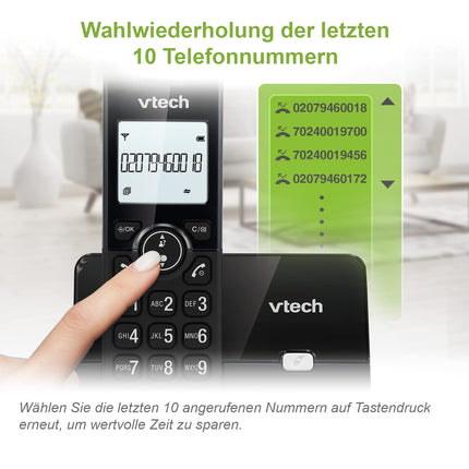 VTech CS2000 cordless phone, ECO+ mode, landline phone, black, call blocking, hands-free function, large buttons, two-line display