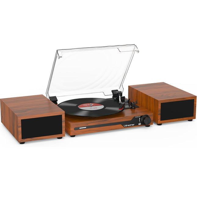 Udreamer plaadimängija kahe topeltstereokõlariga, vintage plaadimängija Bluetooth 5.3 toetab 3 kiirust, AUX-sisend, RCA liin, USB, juhtmevaba taasesitus, pruun