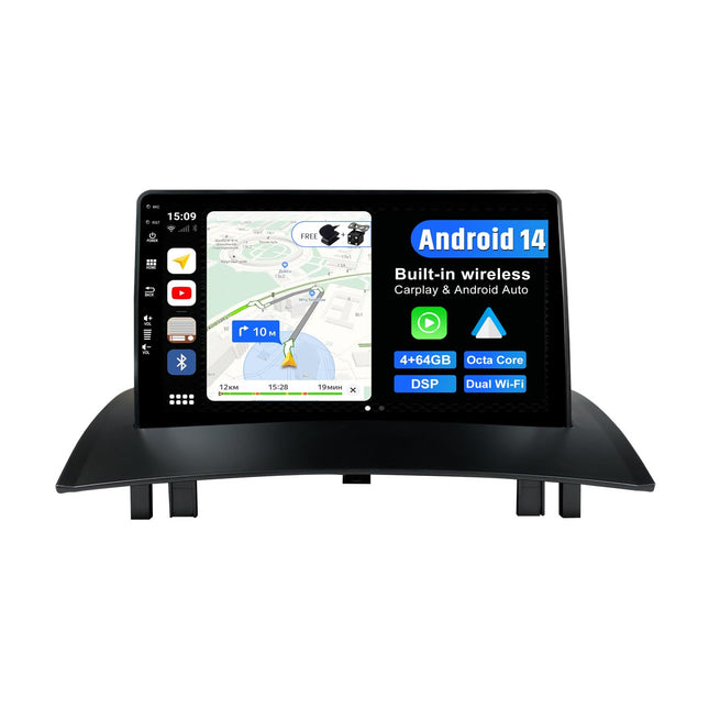 JOYX Android 14 IPS Car Radio Fits Renault Megane II (2002-2008) - 4G+64G - Built-in DSP/Carplay/Android Auto - LED Camera + MIC - 9 inch 2 Din - Steering Wheel Control WiFi DAB 360-Camera Fast Boot