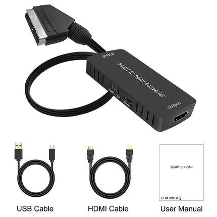 Wrugste SCART-HDMI muundur HDMI-kaabliga, HD-adapter 720P/1080P, videomuundur HDTV-monitorile, projektorile, Xboxile, VHS-digiboksile, Sky DVD-mängijale, Blu-Ray-mängijale USB-kaabliga