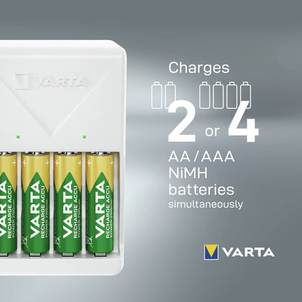 VARTA akulaadija, sh 4x AA 2100mAh, akulaadija laetavatele akudele, laeb korraga 2 või 4 AA/AAA akut, pistikupesast laadija, valge