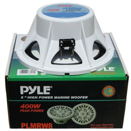 Pyle PLMRW8 Sea subwoofer, veekindel, 8" (20,00 cm), 200 mm, valge. Sobib paatidesse, basseini või muudesse kohtadesse. Avatav ühe mähisega, 4 oomi takistus, 200 vatti, RMS, max 400 vatti.