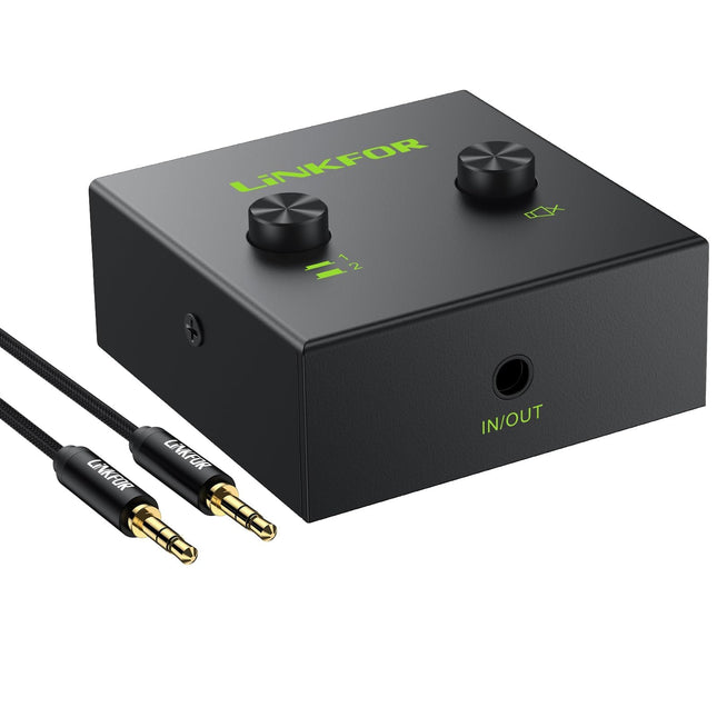 LLiNKFOR 3,5 mm stereo helilüliti, 2(1) sisendit ja 1(2) väljundit koos 3,5 mm helikaabliga, helivaliku lüliti ja helijaotur kõrvaklappidele