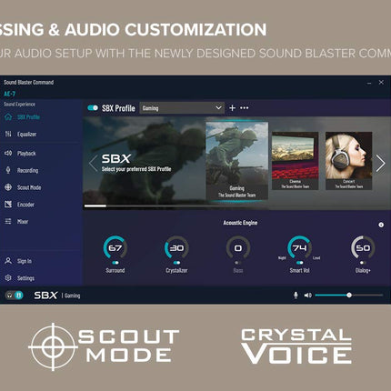 Creative Sound Blaster AE-7 — kõrglahutusega PCI-e DAC/võimendi helikaart diskreetse Xamp kõrvaklappide bi-võimendi ja halli/musta heli juhtimismooduliga