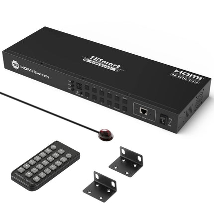 TESmart 16×1 HDMI-lüliti, 16 sisendit, 1 väljund, toetab 4K@60Hz HDCP 2.2, 19-tolliste rackmount kõrvaklappidega | RS-232/LAN-juhtimine | IR-kaugjuhtimispult ja automaatne lüliti | Automaatne skaneerimine eelseadistatud intervalliga, must