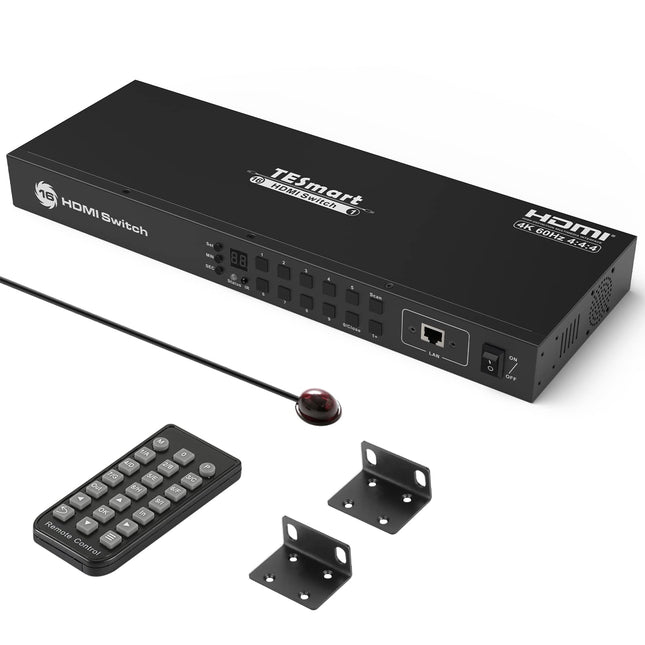 TESmart 16×1 HDMI-lüliti, 16 sisendit, 1 väljund, toetab 4K@60Hz HDCP 2.2, 19-tolliste rackmount kõrvaklappidega | RS-232/LAN-juhtimine | IR-kaugjuhtimispult ja automaatne lüliti | Automaatne skaneerimine eelseadistatud intervalliga, must