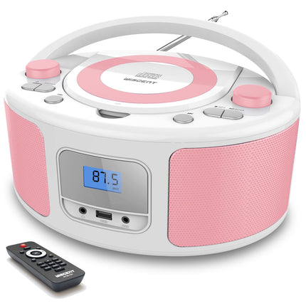Kaasaskantav CD-mängija Boombox Bluetoothiga | Pult | FM-raadio | USB | MP3 taasesitus | Ühildub CD-R/CD-RW plaatidega (roosa + valge)