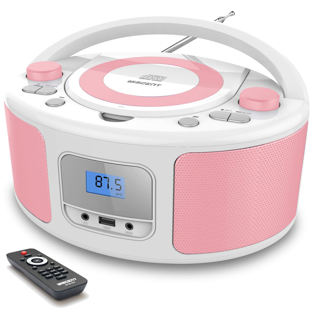 Kaasaskantav CD-mängija Boombox Bluetoothiga | Pult | FM-raadio | USB | MP3 taasesitus | Ühildub CD-R/CD-RW plaatidega (roosa + valge)