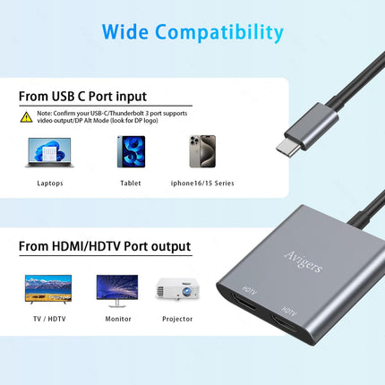 Avigers HDMI jaotur 1 sisend 2 väljundit, USB C - HDMI adapter 2 monitori pikendamiseks, HDMI lüliti 2 HDMI-pordiga sülearvutite ja tahvelarvutite jms jaoks. (üks väljund 4K@60Hz ja kahekordne väljund 4K@30Hz)