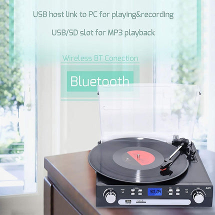 DIGITNOW! Vinil pikap Bluetooth pikap çalar Stereo hoparlörlü, pikap çalar 3 hız kademesi, kaset AM/FM radio vinil, MP3 USB kodlaması