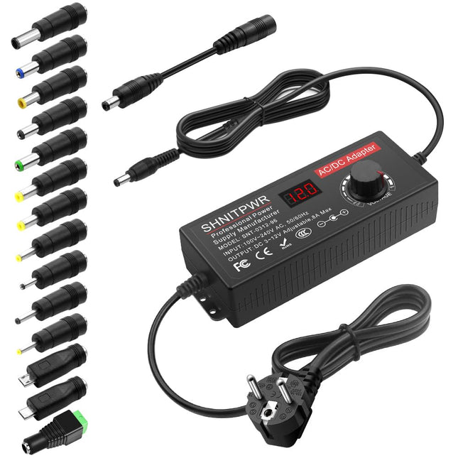 SHNITPWR universaalne toiteplokk 3.5-12V 8A 96W reguleeritav toiteadapter DC 3.5V 4.5V 5V 6V 7V 8V 9V 10V 12V toiteadapter 14 otsaga ja polaarsuskaabliga koduelektroonika LED-ribale