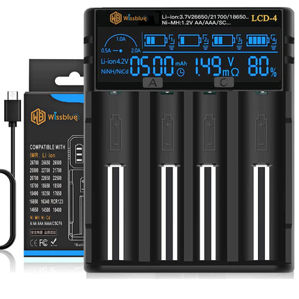 WISSBLUE LCD-4 18650 battery charger 2A Fast Power Battery Charger, LCD Display with Power Bank Function for 3.7V 14500 16340 18650 20700 21700 26650 1.2V AAAA AA A