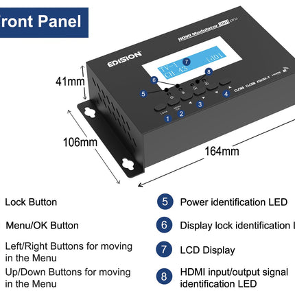 EDISION HDMI modulaator 3in1 pro, modulaator DVB-C, maapealse DVB-T või ISDB-T kaabeltelevisiooni jaoks, Full HD jaotus koaksiaalkaabli kaudu, RF IN, LCD-ekraan, kiire seadistamine, plug &amp; play
