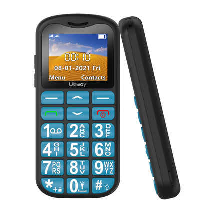Uleway seenioridele mõeldud mobiiltelefon suurte nuppudega ja lepinguta, kahe SIM-kaardiga pensionäridele mõeldud GSM-seeniormobiiltelefon SOS-hädaabikõne nupuga, suurte nuppudega mobiiltelefon laadimisjaamaga - sinine