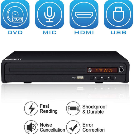 WISCENT HD DVD-mängija telerile HDMI/AV/koaksiaalväljundiga (HDMI-kaabel kaasas), USB 2.0 meediapleier, kõik regioonivabad, kompaktne DVD/CD-mängija (mitte Blu-ray)