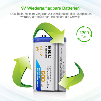 EBL 9v battery 600mAh type Li-Ion 6F22 rechargeable lithium-ion battery, low self-discharge for smoke detectors 4 pieces