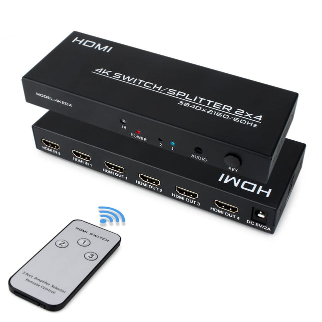 HDMI-lüliti jaotur 2 sisendit ja 4 väljundit, HDMI-jaotur lüliti puldi ja SPDIF-i ning 3,5 m heliväljundiga, toetab 4K@60Hz HDCP2.2 HDR-i, arvutimonitoride, PS4 teleri, sülearvuti ja Xboxi jaoks