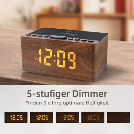 ANJANK digitaalne puidust raadioäratuskell juhtmevaba laadimisjaamaga, 10W kiire juhtmevaba laadija iPhone'ile/Samsung Galaxy'le, LED-ekraan 5-tasemelise dimmeriga, USB-laadimisport, kellraadio, kingitused meestele