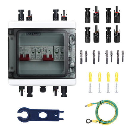Ülepingekaitse PV, 2 sisse ja 2 välja alalisvoolu lahtiühendamise lüliti, välgukaitselüliti, 2 stringi 1000V DC 40A 20-40KA generaatori ühenduskarp, IP65 veekindel päikesepaneelide ühenduskarp fotogalvaanika jaoks