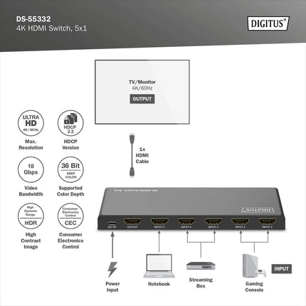 DIGITUS DS-55332 HDMI-lüliti 5x1 - 5 sisendit, 1 väljund - UHD 4K/60 Hz HDTV: 3840 x 2160p - HDCP 2.2 ja HDMI 2.0 - HDR, CEC, Deep Color, DTS, Dolby Digital, LPCM - teleri, monitori, PS5, PS4, Xboxi jaoks