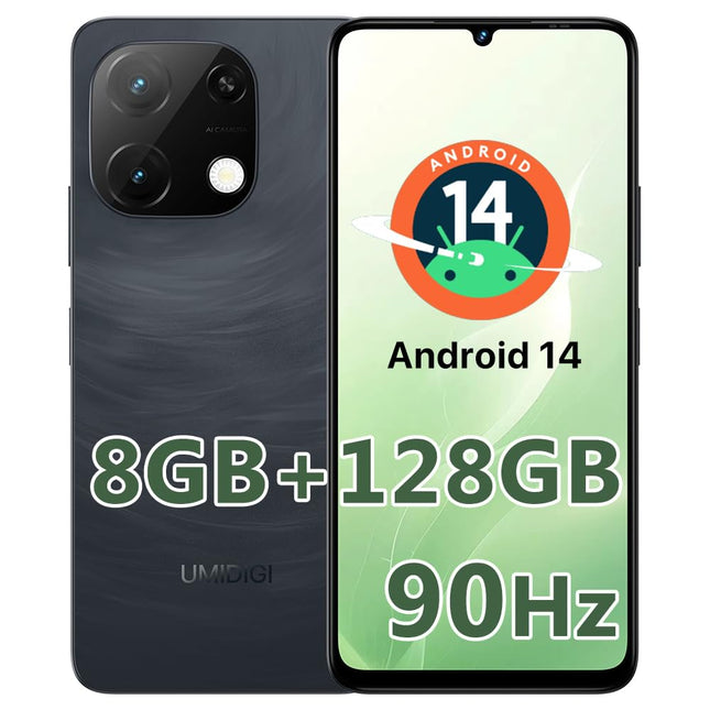 UMIDIGI G9T mobiiltelefon, Android 14 nutitelefon ilma lepinguta, 6,75 tolli 90Hz, 8 GB RAM 128 GB ROM 1 TB, 5000mAh, 13MP 8MP, kahe SIM-kaardiga 4G lukustamata mobiiltelefonid, sõrmejäljelugeja ja näotuvastus, GPS, 2,4G 5G WiFi must