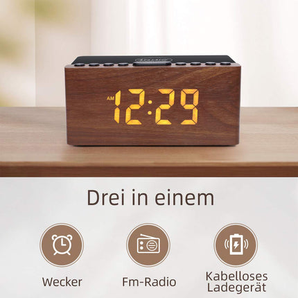ANJANK digitaalne puidust raadioäratuskell juhtmevaba laadimisjaamaga, 10W kiire juhtmevaba laadija iPhone'ile/Samsung Galaxy'le, LED-ekraan 5-tasemelise dimmeriga, USB-laadimisport, kellraadio, kingitused meestele
