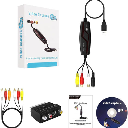 DIGITNOW! Video Grabber teisendab Hi8 VHS-i digitaalsele DVD-le Windows 10 / Maci jaoks, videokaart Scart / AV-adapteriga, ühe puutega videosalvesti - redigeeri, salvesta ja kirjuta DVD-le