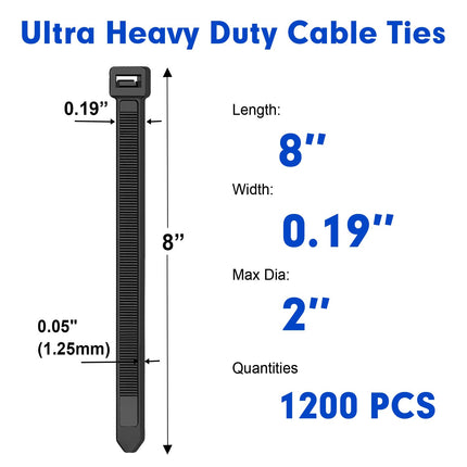 RAZCC Cable Ties, Black, 8-inch Heavy-Duty Plastic Wire Ties with 50 lb Tensile Strength, Self-Locking Black Nylon Ties for Indoor and Outdoor Use, 1200 Pack