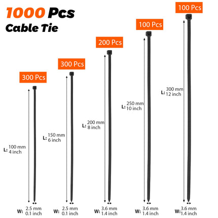 Hosuni 1000 pieces cable ties black, 100/150/200/250/300 mm cable tie set, robust nylon cable ties for cable management, home, garden, office and DIY