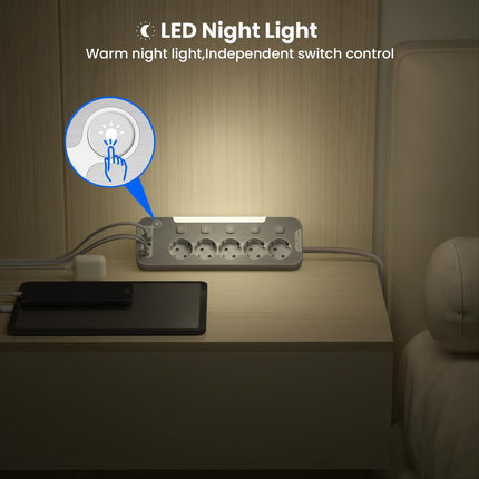 Table socket with USB, 5-way power strip individually switchable, corner socket for kitchen and office, wall-mounted multiple socket with switch, metal power strip surge protection 2M cable, white