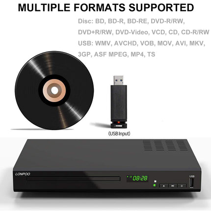 HD Blu-ray mängija, kompaktne Blu-ray mängija HDMI 1080P DVD-mängija HDMI-väljundi/AV-väljundi/koaksiaalväljundiga, USB-sisendiga, toetab kõiki DVD-sid ja B-regiooni / 2 Blu-ray plaate