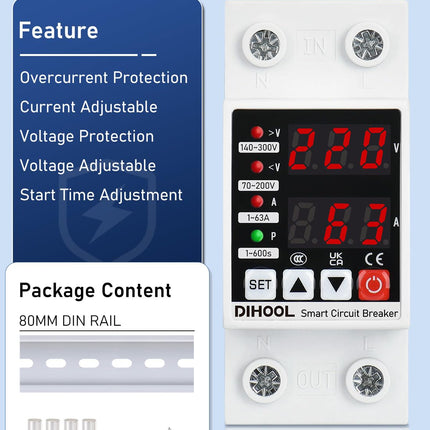 DIHOOL Surge Protector DIN Rail and Undervoltage Protector AC 230V 1-63A Adjustable Current Overload Protection 8.8 KVA Voltage Protection