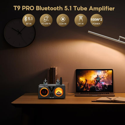 AIYIMA T9PRO JAN5725 Vacuum Tube Amplifier 100Wx2 TPA3250 Stereo USB DAC Amplifier QCC3031 Bluetooth 5.1 aptxHD Coax/Opt HiFi Home Audio Digital Amplifier with VU Meter (32V Power Supply)