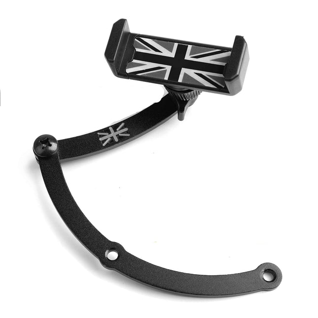 Metallist mobiiltelefonihoidja, stabiilne Union Jacki stiilis kokkupandav telefonihoidik autosse. Sobib Mini Cooper R55 R56 F54 F55 lisatarvikutele, must ja hall.