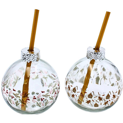Drinking glass Christmas ball made of glass with straw as a set of 2, transparent with Christmas decoration, L/W/H 10 x 10 x 20 cm, capacity 220 ml
