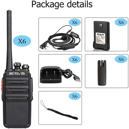 Retevis RT24 Plus kahesuunalised raadiod, professionaalne, PMR-raadiosaatja täiskasvanutele, laetav, 16 kanaliga VOX CTCSS ja DCS, peakomplektiga raadiosüsteemid, 6-osaline raadiosaatja komplekt koolile ja ettevõtetele (6 tk, must)
