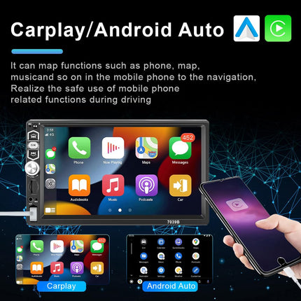 SIXWIN ühe DIN-iga Apple CarPlay Android Auto autoraadio 7-tolline ekraan puutetundliku ekraaniga Bluetooth FM-raadio, peegli lingi/USB/AUX/TF-kaardi sisendiga tahavaatekaamera, mikrofoni ja puldiga