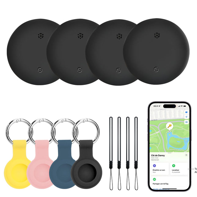 Smart Tag Pro, 4-pack Air Tag Smart Tracker, key finder, suitcase tracker compatible with Apple Where's App (iOS only), for keys, luggage, wallet, IP67 waterproof, protective case and lanyards