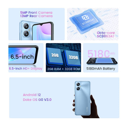 Blackview A52 Android 12 mobiiltelefon ilma lepinguta, 6,5-tolline tilkekraaniga ekraan, kaheksatuumaline 2GB 32GB (512GB väline SD), 13MP+5MP, kahe SIM-kaardiga nutitelefon, 5180mAh aku, näotuvastus ja sõrmejäljelugeja, must