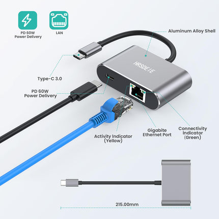 USB C to Ethernet Adapter, 1Gbps Gigabit 60W PD Charging Port, USB-C to RJ45 Ethernet LAN Network Adapter with MacBook Pro/Air, Laptop, Surface, Galaxy, Dell XPS, HP, Android, Windows