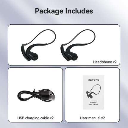 Retevis RB689/RB637 Walkie Talkie Bluetooth Bone Conduction Headset, IP56 Waterproof Bluetooth Wireless Headphones with Type-C Connector for Warehouse, Logistics, Contractors (Black, 2 Pack)