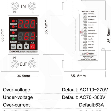 DIHOOL Surge Protector DIN Rail and Undervoltage Protector AC 230V 1-63A Adjustable Current Overload Protection 8.8 KVA Voltage Protection